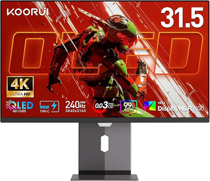 KOORUI 32 Inch 4K OLED Gaming Monitor, UHD 240Hz 0.03ms Computer Monitor, HDR True Black 400, 99% DCI-P3, AdaptiveSync, DisplayPort&HDMI, Tilt/Pivot/Swivel/Height Adjustable, USB Type-C, VESA