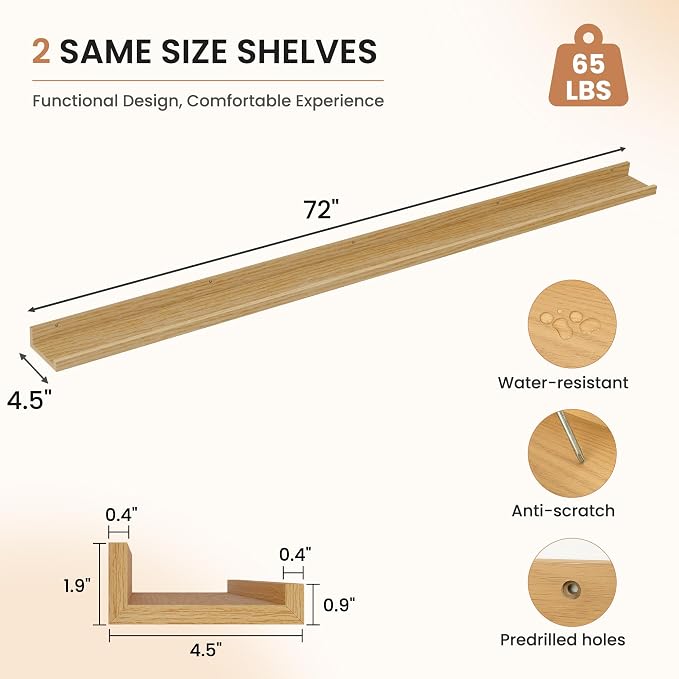 Dreamland Picture Ledge Shelf for Wall, Floating Shelves Set of 2,72 inch Long Floating Shelves with Lip for Living Room,Bedroom,Bathroom,Kitchen,Oak