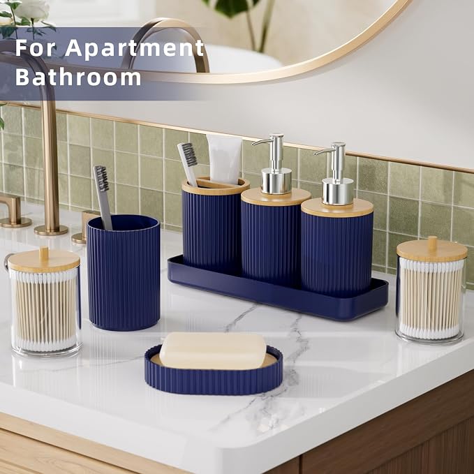 10PC Bathroom Accessories Set - Navy Blue and Wooden Bathroom Sets, Bathroom Accessory Set with Pop Up Trash Can, Toilet Brush, Trash Can, Qtip Holder & Soap Dispenser