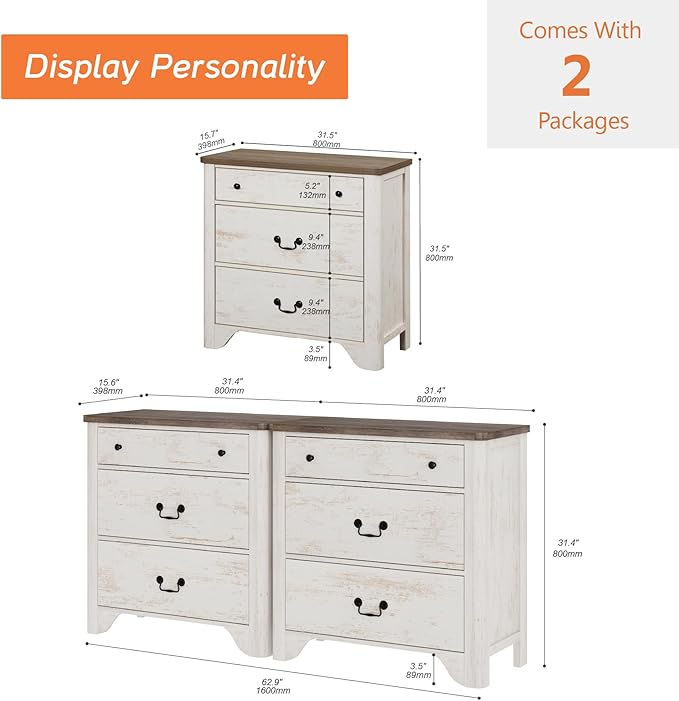WAMPAT 3 Drawer Dresser Set of 2, 63" Large White Dresser for Bedroom with Wide Chest of Drawers, Farmhouse Dresse Nightstand Cabinet for Bedroom, Living Room, Hallway, Office