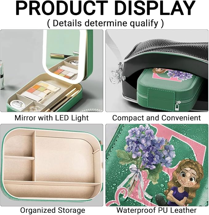 Wrappiness Women & Girls Floral Makeup Box With LED Mirror - Personalized Initial Letter and Birthmonth Flower Travel Comestic Case Gift for Daughters Sisters Friends Coworkers on Birthday Christmas