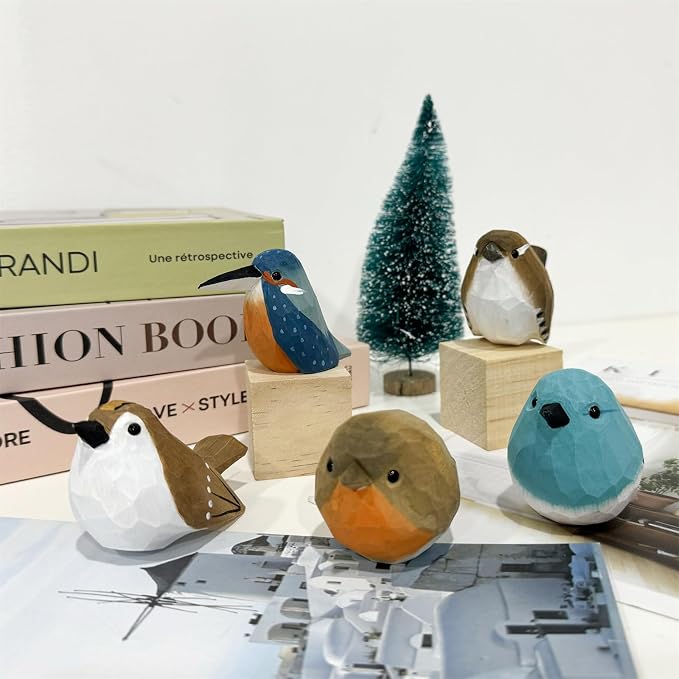 Hand Carved Painted Wooden Bird Figurines for Home Decor, Statue for Bird Lovers, Housewarming, Birthday, Christmas, Anniversaries (NO.1-Fat Robins)