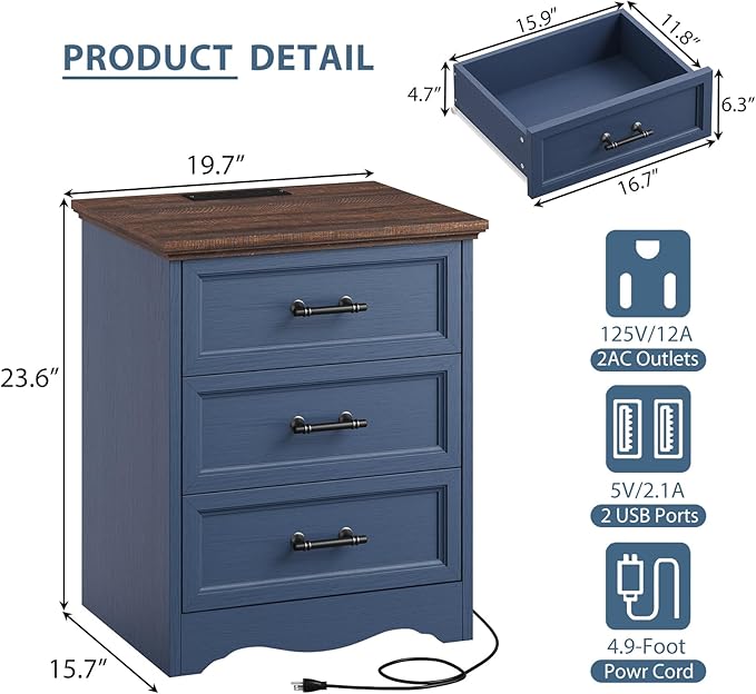 Blue Nightstand with Charging Station, 19.7" Farmhouse End Table with 3 Drawers Storage, Wooden Night Stand, Bed Side Table with Unique Base Design, 3 Drawer Dresser for Bedroom, Living Room
