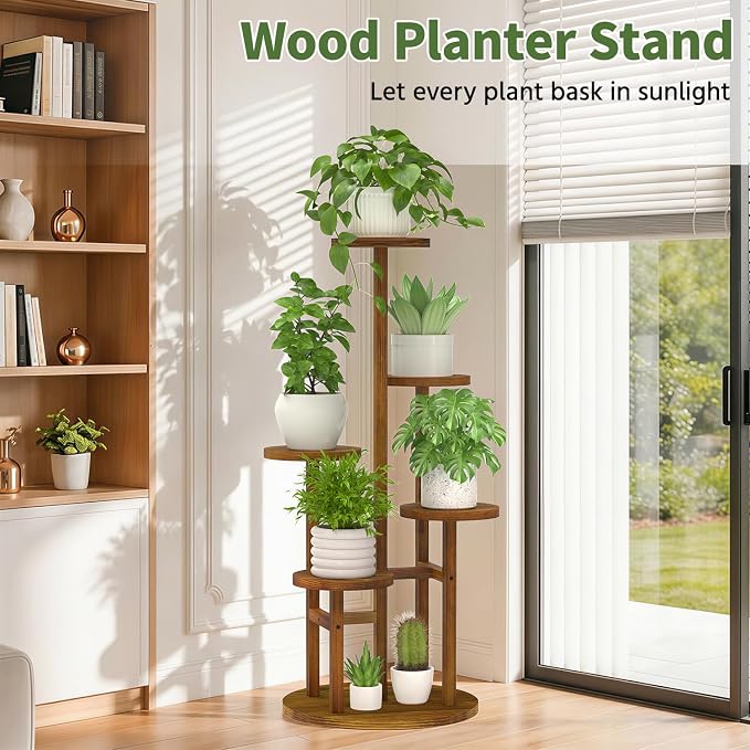 LASZOLA 5 Tiered Wood Plant Stand Indoor Corner, Flower Holder Rack Tall for Multiple Plants, Rustic Planter Shelf Display for Patio Garden Balcony Living Room