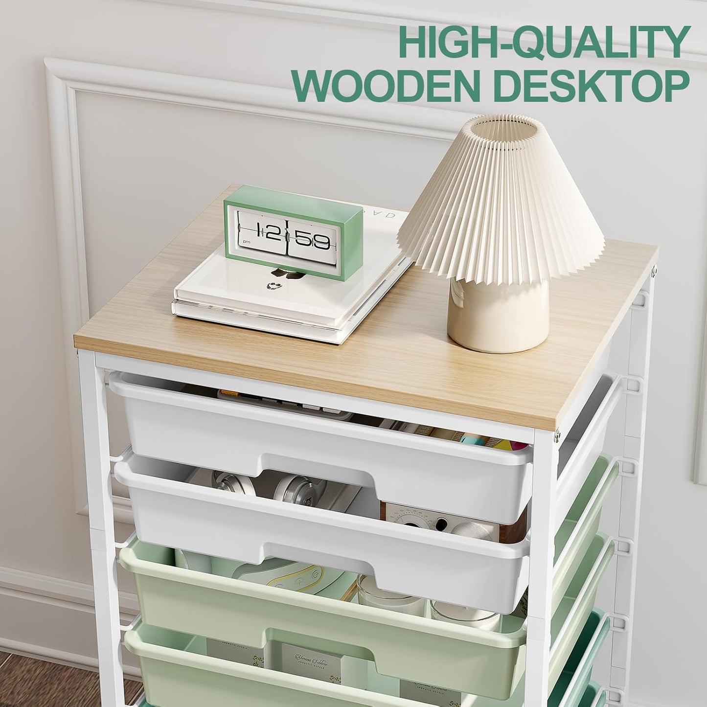 Skiennix Storage Cart - 8 Drawer Utility Cart with White Drawers & Wooden Tabletop | Ideal for Classroom & Office Organization, Green