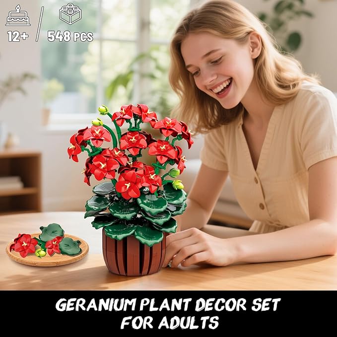 Flowers Geranium Botanicals Building Set - Artificial Bonsai Plants for Home Office Decor Display, 548PCS Geranium Flowers Pot Building Blocks for Adults Women Ages 12+ Gift for Christmas