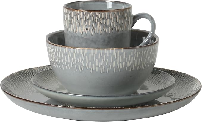 Gibson Elite Jasper 16 Piece Plates and Bowls Reactive Glaze Dishes Stoneware Ceramic Dinnerware Set - Service for 4 - Grey