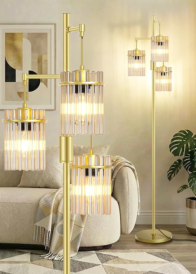 Gold Modern Standing Tall Floor Lamp for Living Room Dimmable, LED Glass Crystal Industrial Tree Lamp for Bedroom, Farmhouse Rustic Home Decor Fancy Light with 3 Bulbs