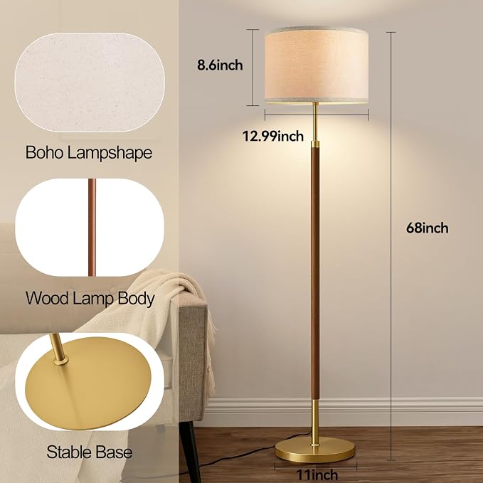 Wood Floor Lamps for Living Room Farmhouse Floor Lamp with Remote Control,Dimmable Vintage Floor Lamp Mid Century Modern Standing Lamp with 3 Color Temperature Tall Floor Lamps For Bedroom Corner