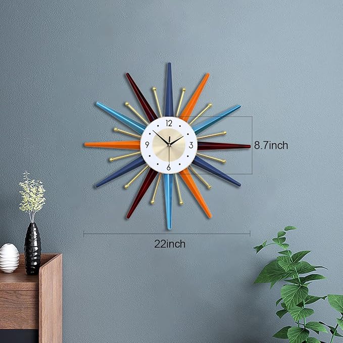 FIELDY Large Wall Clock 22 Inch Mid Century Wall Clocks Starburst Clock Non Ticking Battery Operated 3D Wall Clocks Home Décor for Living Room, Kitchen, Dining Room, Bedroom