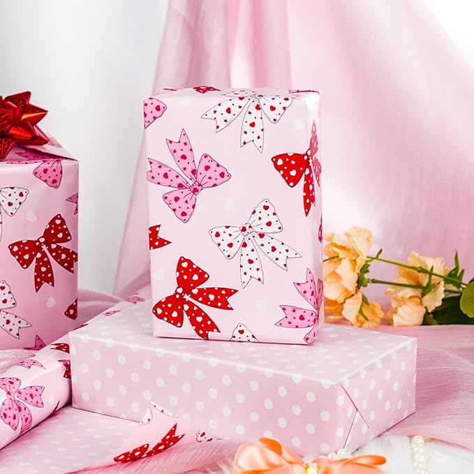 Yarcony Reversible Pink Wrapping Paper Roll for Girl Women, Cute Pink Coquette Bow Design Girly Gift Wrap for Birthday, Wedding,Valentine's Day, Christmas, Baby Shower, Party(17 Inch X 33 Feet)