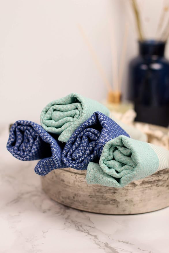 Boho Striped Turkish Hand Towels Set of 2 | 100% Cotton, 16 x 40 Inches | Decorative Bathroom Hair Face Gym Yoga Dishcloth Tea Kitchen Light Weight Quick Dry Farmhouse Towel (Mint)