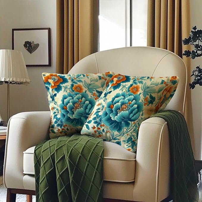 Turquoise Floral Throw Pillow Covers Set of 2 | Teal Vintage Flower Pillow Cases for Home Decor | Decorative Square Cushion Cases for Sofa and Chair | 18x18 Inches