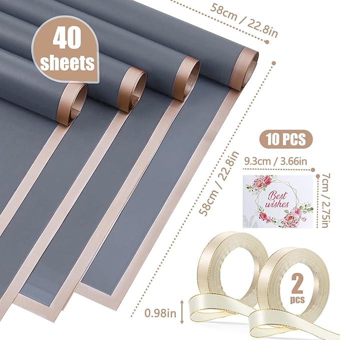 Luerbi 40 Sheets Grey Flower Wrapping Paper, Gold Edge Waterproof Floral Wrapping Paper, 22.8x22.8 inch Bouquet Paper Wrap with 2 Rolls Ribbon for Wedding Birthday Gift DIY Crafts Florist Supplies
