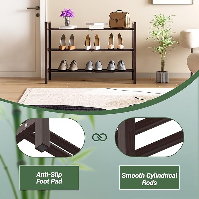 Haddockway Bamboo Shoe Rack for Closet, Free Standing Shoe Organizer with Smooth Round Rods & Convenient Handles, Stackable Shoe Storage Shelf for Entryway, Hallway(Brown, 3-Tier)