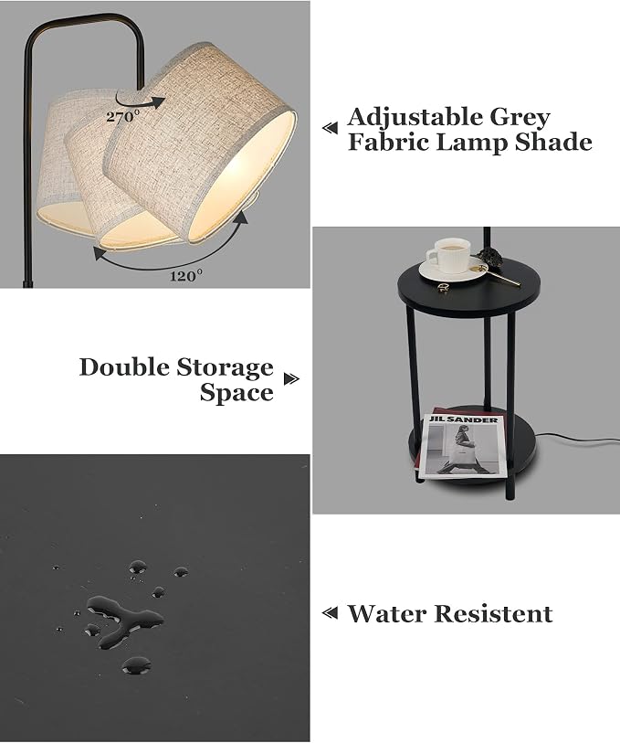 ELYONA Modern Floor Lamp for Living Room, Solid Wood Side Table Lamp with Grey Fabric Drum Shade, 3-Color Temperatures End Table Standing Light for Bedroom, Living Room, LED Bulb Included, Matte Black