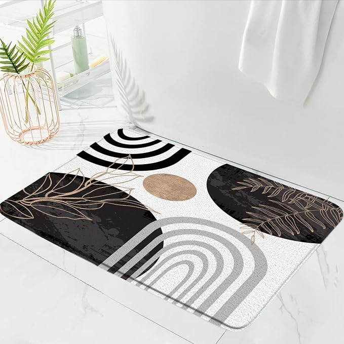 Boho Mid Century Bath Mat Black White Moern Minimalist Leaves Arch Abstract Retro Bathroom Mat Rug Memory Foam Doormat，23.5x35.5 Inch