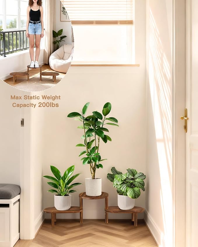 3 Tier Corner Plant Stand Indoor - Adjustable Wood Convex Flower Stand for Small Spaces, Heavy Duty Long Plant Shelf for Living Room Balcony Hallway