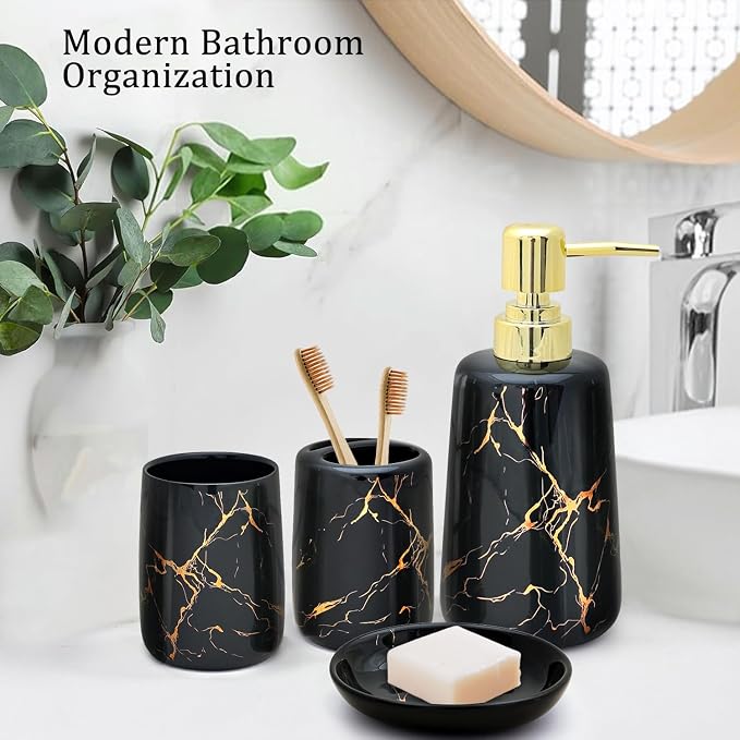 CERBIOR Bathroom Accessories Set,4 Pcs Ceramic Bathroom Decor Accessory,Includes Toothbrush Holder, Toothbrush Cup, Soap Dish for Decorative Countertop and Housewarming Gift(Black 4pcs)