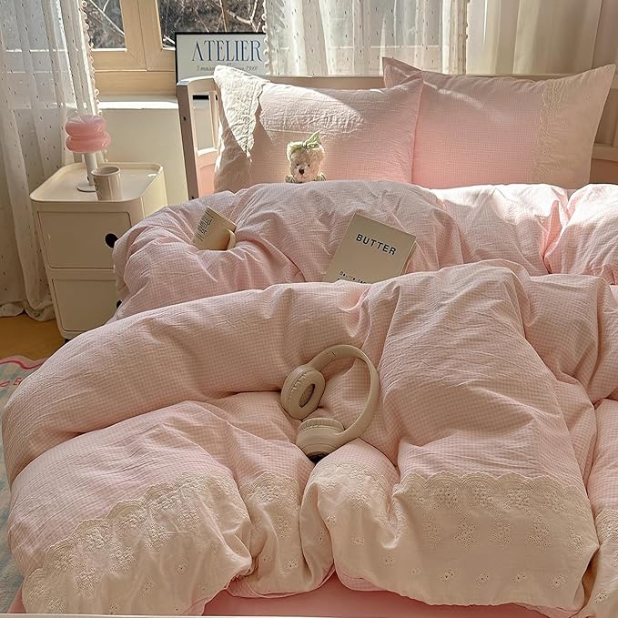 LifeTB Pink Gingham Comforter Set Twin XL Fluffy Soft Princess Style Girls Lace Bedding Set Vintage Plaid Checkered Comforter with 2 Pillowcases Farmhouse Gingham Bedding Grid Bed Comforter Set