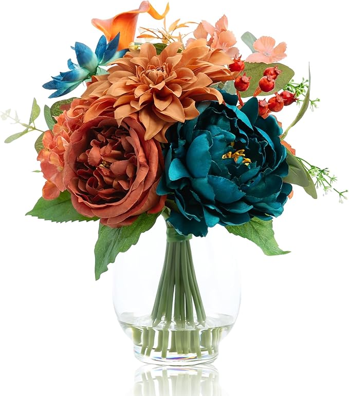 Artificial Flowers in Vase with Fake Water, Faux Silk Peony Dahlia Bouquet, Teal Burnt Orange Flowers Arrangement for Dining Table Centerpiece Wedding Chritmas Party Winter Home Decor & Birthday Gift