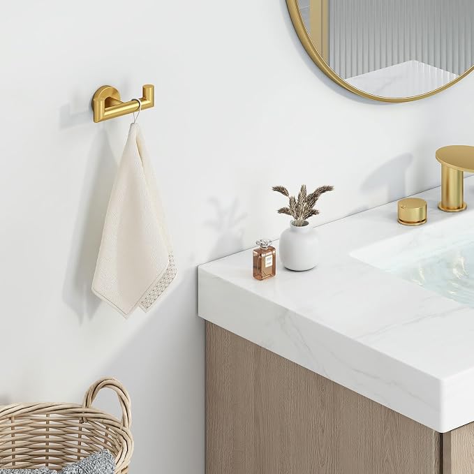 Angle Simple Bathroom Double Hook Brushed Dark Gold, SUS304 Stainless Steel Bath Towel Holder, Double Robe Hanger Wall Mount
