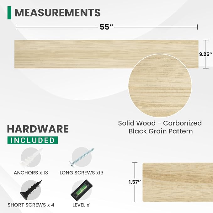 Solid Wood Floating Shelves For Wall, 55”W x 9”D x 1.56”H Large Wall Shelves for Living Room Bedroom Bathroom Kitchen Drcor Storage with Invisible Heavy-Duty Metal Bracket, Natural, Set of 1