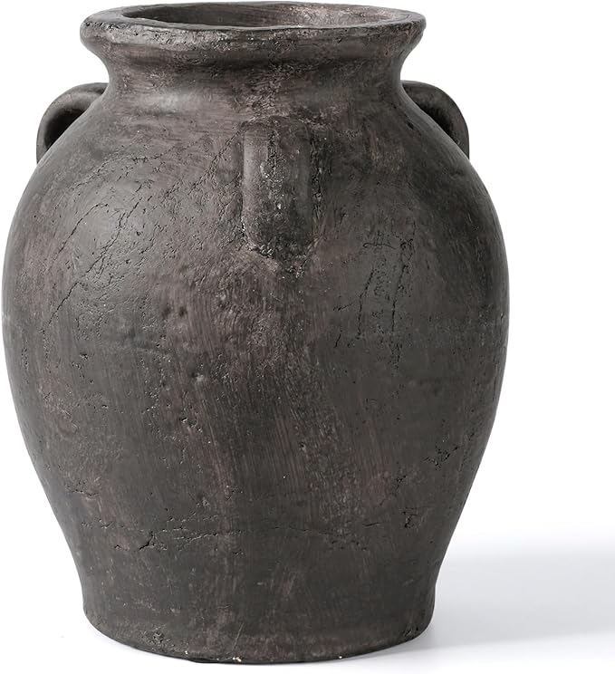 Handmade Black Ceramic Vases 9.5” Matte Antique Decorative Vase with 3-Ear Design Modern Rustic Home Decor for Living Room, Shelf, Table, Entryway – Jarrones Decorativos para Sala