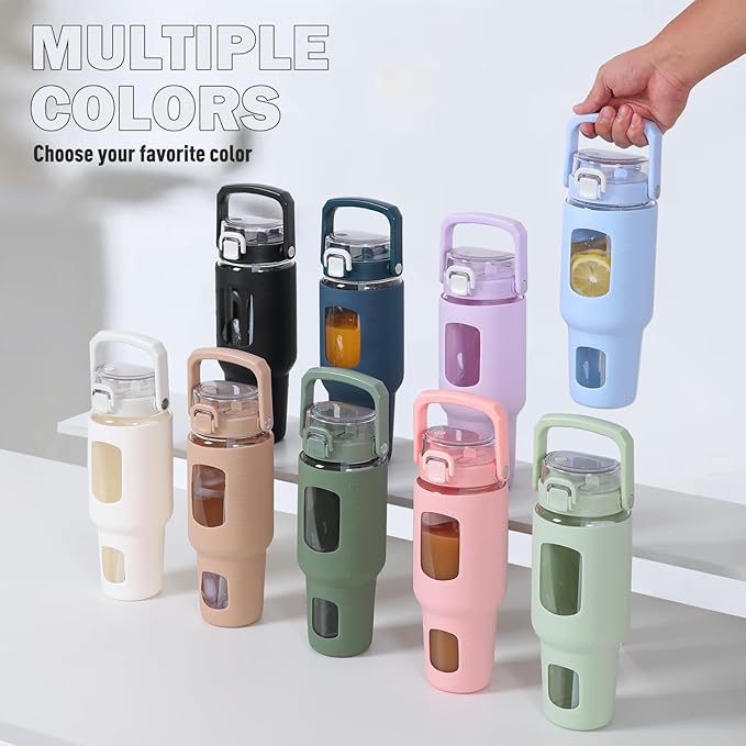 BLUEGO 40oz Glass Tumbler with Lid and Straw, Glass Water Bottles with Handle, Glass Cup with Time Marker and Silicone Sleeve, Fits Most Cup Holder, Leak-proof, White