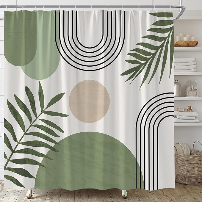 Mid Century Modern Shower Curtain Boho Sage Green Abstract Retro Aesthetic Fabric for Bathroom Decor Bathtub with Hooks (70" WX74.8 H)