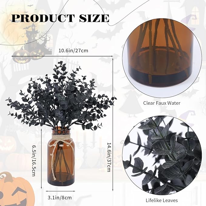 Black Eucalyptus Stems in Glass Vase with Faux Water for Halloween Decorations, 14" Eucalyptus Fake Plants for Home Bathroom Office Kitchen Farmhouse Shelf Centerpiece Coffee Table Decor