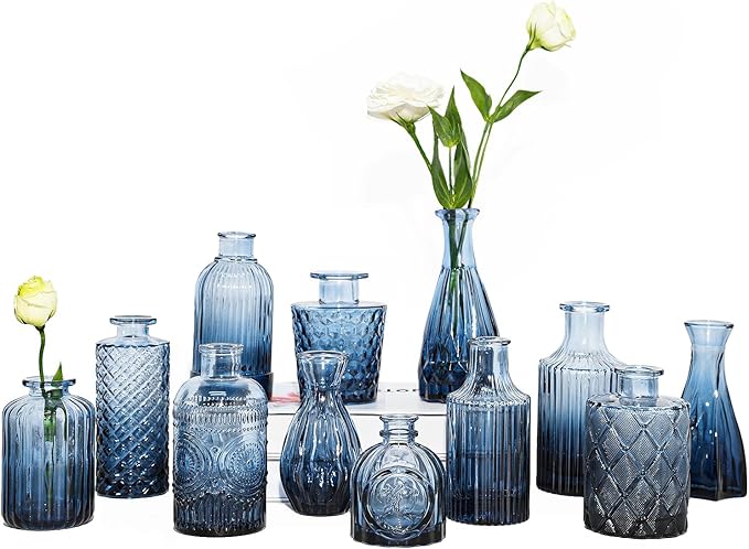 12Pcs Blue Glass Bud Vases Set, Small Vases for Flowers, Perfect for Centerpieces at Parties, Baby Showers, Weddings, Events, Graduation Season, Great Gifts for Office & Home Décor