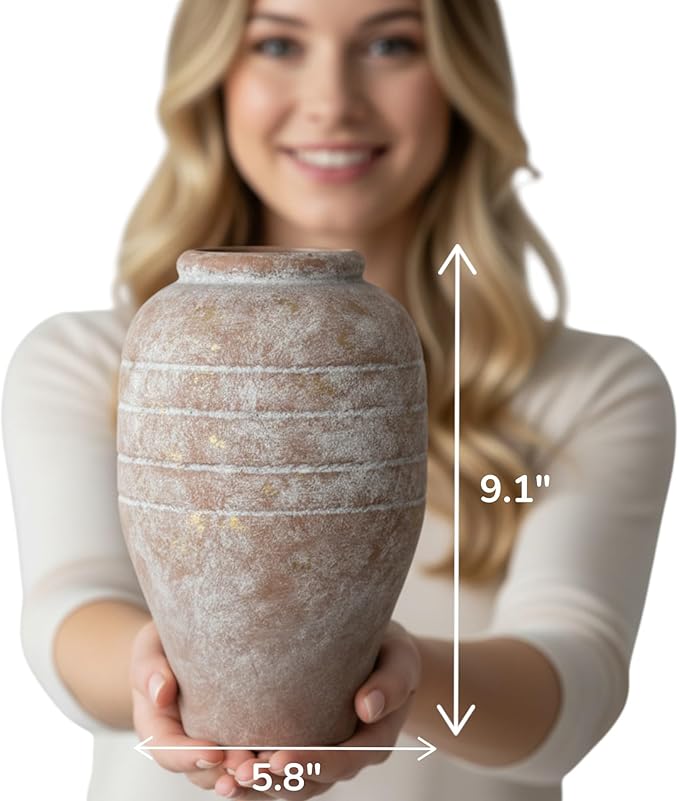 Ceramic Flower Vase Home Decor,9.1 Inch Large Rustic Farmhouse Vases Vintage Decorative Vases Whitewashed Pottery for House Living Room Terracotta Vases Decor for Kitchen Mantel Bathroom Shelf Office