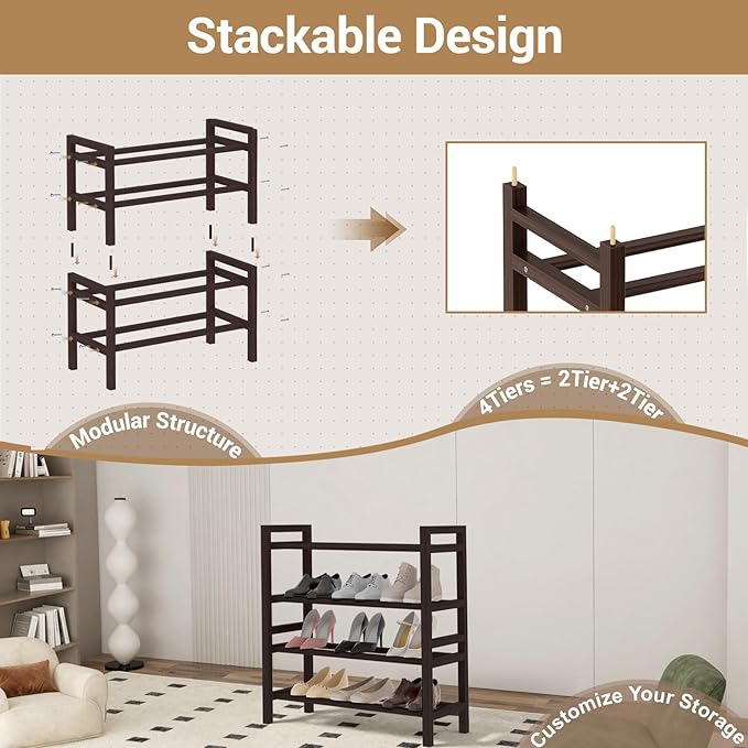 Haddockway Bamboo Shoe Rack for Closet, Free Standing Shoe Organizer with Smooth Round Rods & Convenient Handles, Stackable Shoe Storage Shelf for Entryway, Hallway(Brown, 4-Tier(Small))