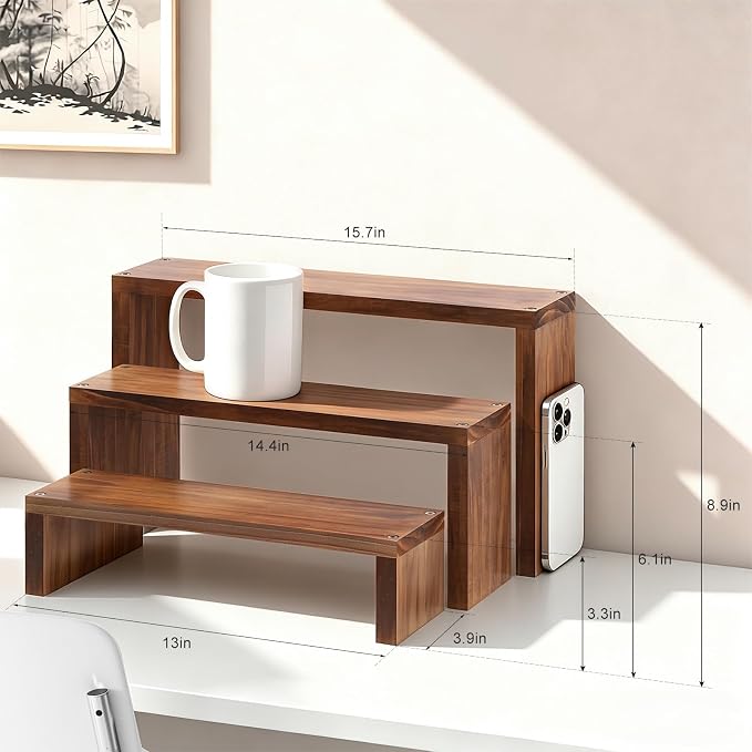 Plant Stand Shelf for Desk Window Sill Countertop Succulent Stand Desktop Shelf 3 Tiers Small Wooden Tabletop Ladder Plant Shelves for Cupcake Stand Riser Spice Rack Holder