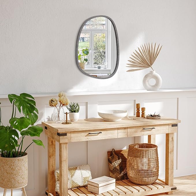 Asymmetrical Mirror for Wall Decor Small Modern Wooden Framed Wall Mirror Unique Shape Wall Mounted Vanity Artistic Oval Mirror Decorative for Bedroom Bathroom Living Room Entryway