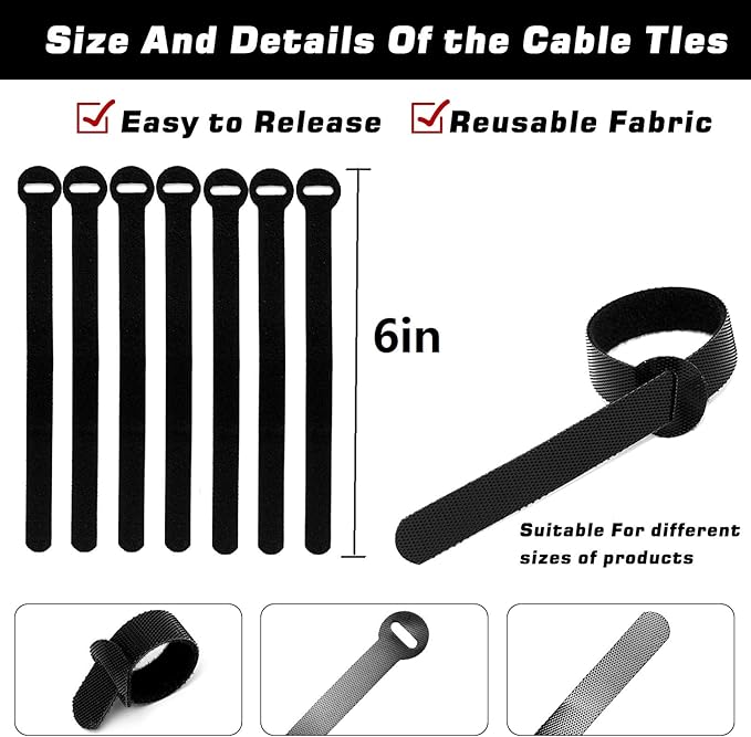 200PCS Reusable Fastening Cable Ties, 6-Inch Cable Straps Cable Management, Multi-Purpose Hook & Loop Cord Organizer Wire Ties, Adjustable Cable Organizer Cord Ties, Microfiber Cloth Straps, Black