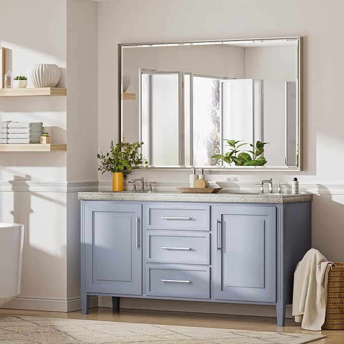 48'' x 36'' Brushed Nickel Framed Beveled Bathroom Mirror, Shatterproof Rectangle Brushed Nickel Frame Mirror, Anti-Rust Vertical/Horizontal Wall-Mounted Mirrors