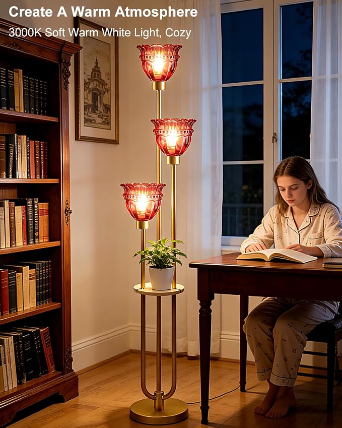 Lightdot Glass Floor Lamp with 5Lbs Heavy Base for Living Room Modern Gold Floor Lamp with Rose Red Glass Shade & 3000K Bulbs Included Tall Standing Lamp with Foot Switch for Sofa Beside/Corner Decor