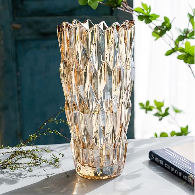 9.6" High Amber Glass Flower Vase for Home Decor, Dining Wedding Table Office Holiday Party Centerpiece Decoration