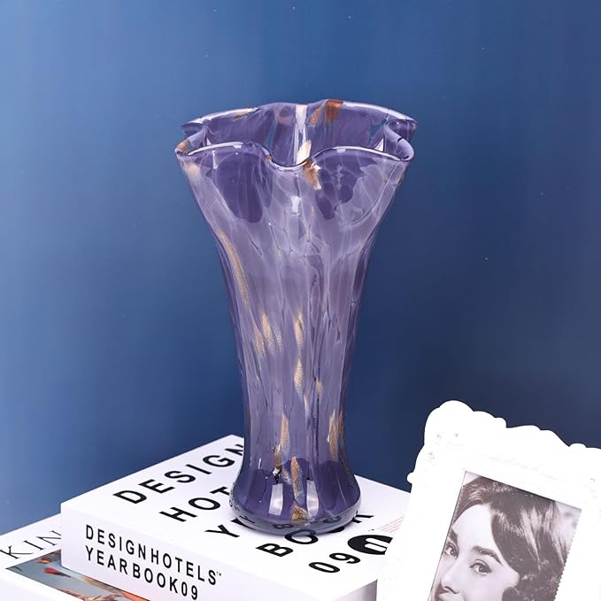 9.8" Tall Purple Hand Blown Glass Vases for Home Decor,Modern Wide Mouth Ruffle Flower Vase Table Centerpieces,Colored Coastal Sea Glass Art for Bookshelf,Bathroom,Counterto,Wedding