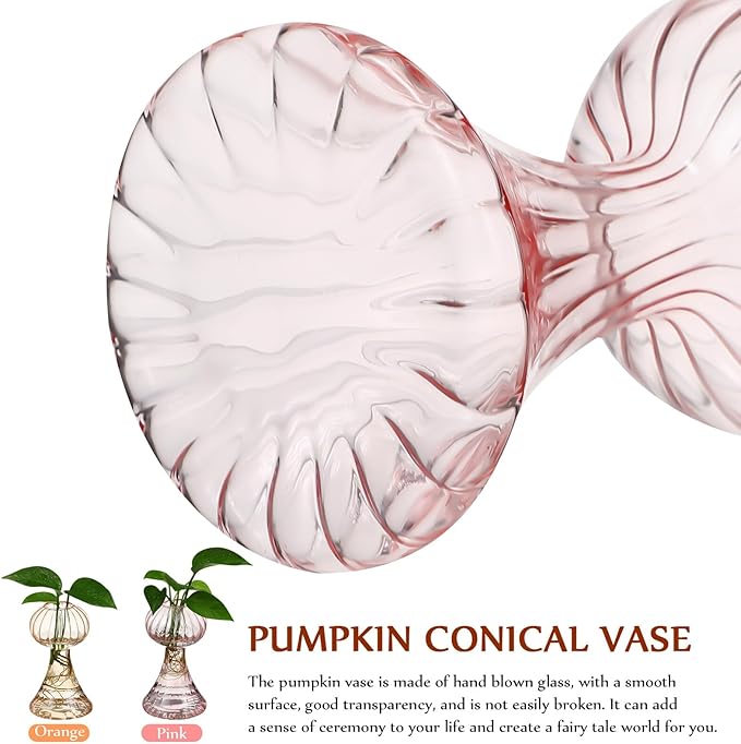VANZACK 2Pcs Vintage Handblown Glass Pumpkin Vase Small Clear Flower Pots in Pink and Light Orange for Home Kitchen Office Decor Cute Wide-Mouth Design Smooth Surface Easy to Clean