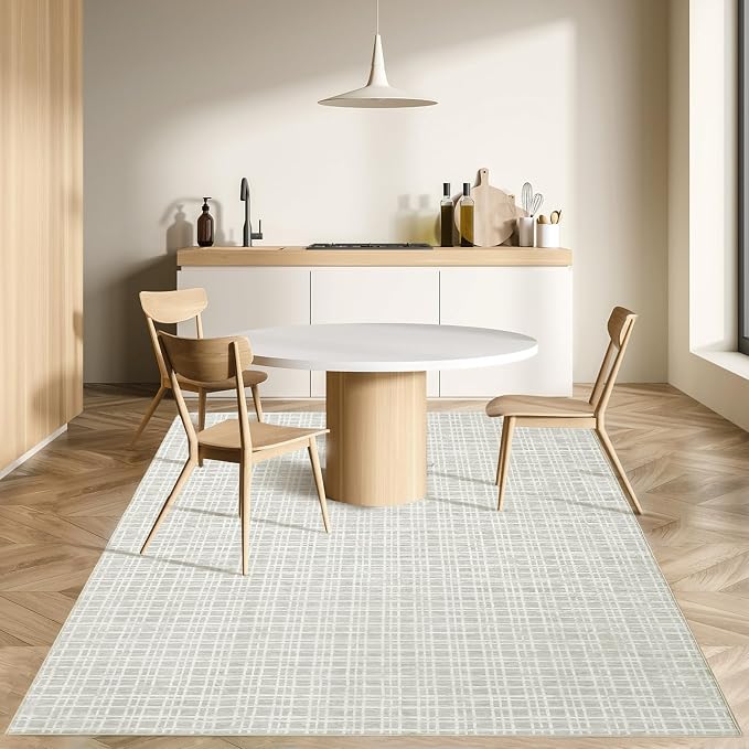 Washable Area Rugs 8x10 Rug for Living Room Modern Bedroom Rug Plaid Farmhouse Large Area Rug Non Slip Throw Rugs Soft Low Pile Stain Resistant Carpet for Dining Room 8'x10' Light Grey