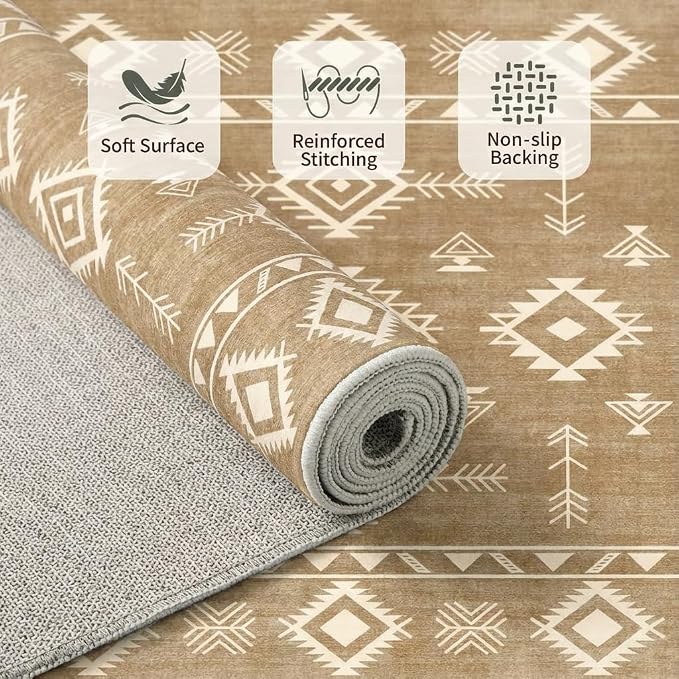 5x7 Area Rug Southwestern Tribal Geometric Rug with Non Slip Backing, Washable Low Pile Light Beige Sand Brown Carpet for Bedroom, Living Room, Dining Room, Home Office
