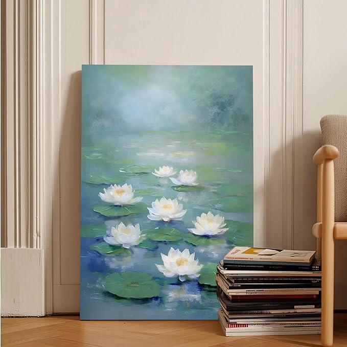 Zen wall art Delicate white lotus flower floating on calm water Vintage oil painting print Serene aquatic wall art creates a tranquil home decor 20x30in Wood Framed