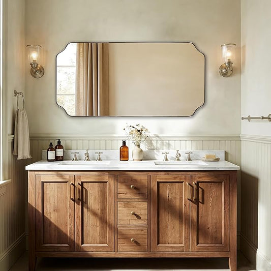 ANDY STAR 24x48 Inch Bathroom Mirror, Brushed Nickel Rectangle Mirror, Scalloped Mirror for Bathroom Sink, Rust-Poof Stainless Steel Thin Frame, Rounded Notched Corners Design