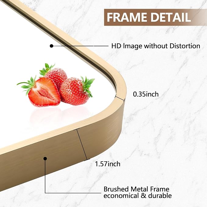 Gold Mirror, 48x30 Inch Framed Rectangle Mirror with Rounded Corner, Brushed Brass Mirror, Gold Bathroom Mirror for Over Sink, Vanity, Living Room, Bedroom, Horizontal/Vertical