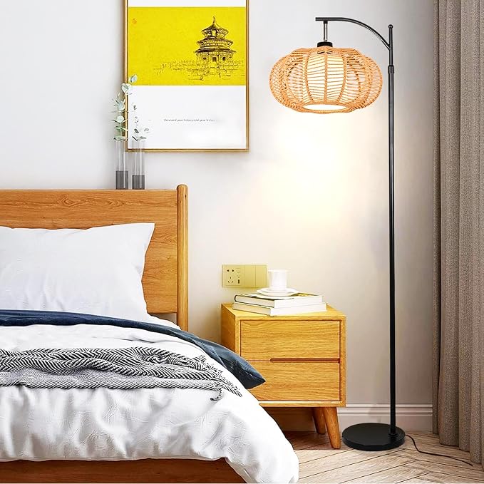 ZECOXOL Arc Floor Lamps for Living Room Bedroom Rattan Boho Floor Lamp with Remote Control,Dimmable Led Standing Lamp Wicker Lamp Shade Rustic Tall Floor Lamp Modern Flower Lamp for Bedroom Corner