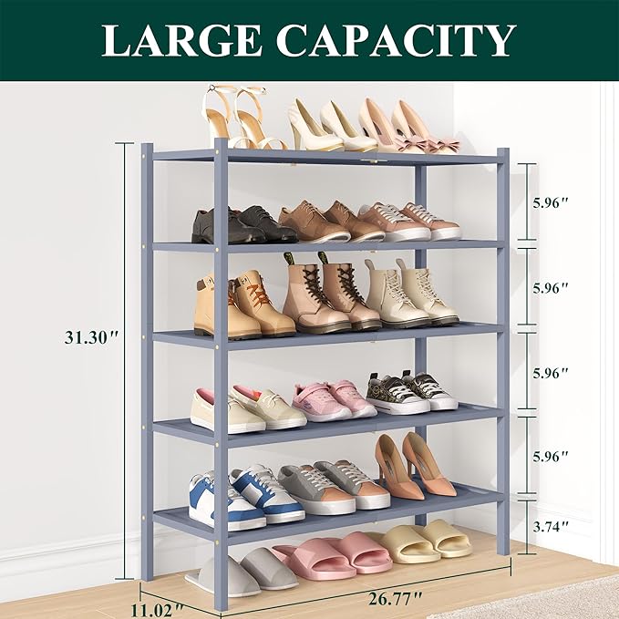 Smiry Bamboo Shoe Rack, 5 Tier Shoe Organizer for Entryway & Closet, Stackable Free Standing Storage Shelf for Shoes, Bags & Plants, Grey