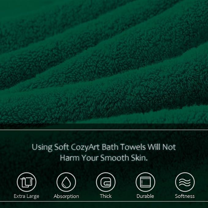 COZYART Dark Green Bath Towels for Bathroom 2 Pcs, 27x54inch Cotton Bath Towel Set Super Soft Highly Absorbent Durable 650 GSM Shower Towels for Daily Use